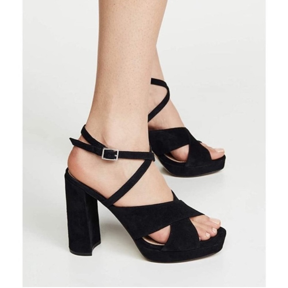 New in box Villa Rouge Geraldine black suede platform sandal heels
